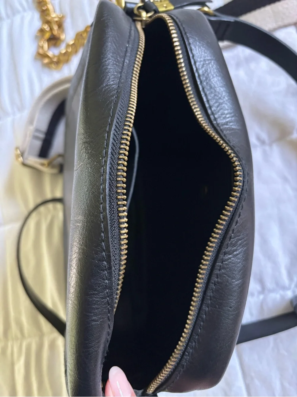 Madewell Black Leather Crossbody with Striped Canvas Strap